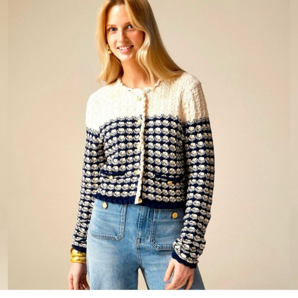 J.Crew Textured Crochet Lady Cardigan - Navy and Ivory
